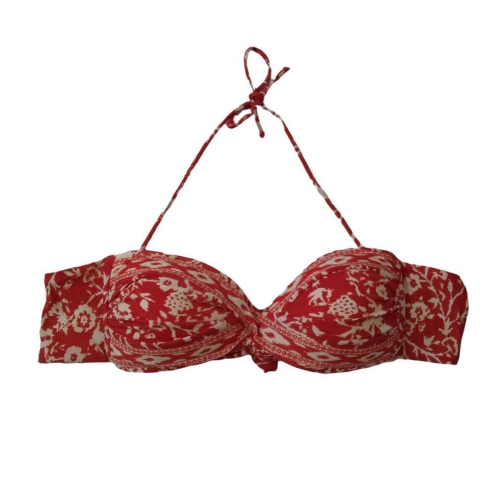 Robin Piccone Lily Orange and Cream Floral Print Halter Tie Bandeau Bikini Top